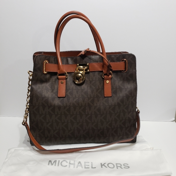 Michael Kors Large Brown Leather Chain Satchel Tote Purse Bag - Picture 1 of 16